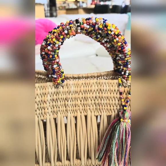 NWOT Chacha d'amour Straw Market Tote w/ Beaded Handles - Picture 7 of 16